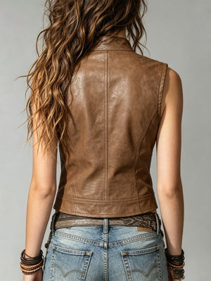 brown vest with hip-length and zip-front
