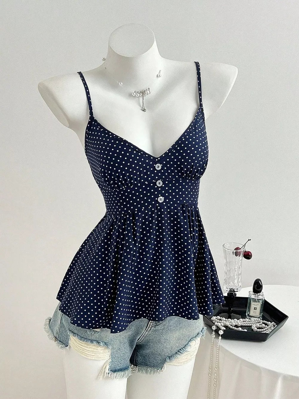 Navy Polka Dot Peplum Cami