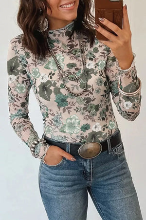 light pink blouse with floral and mock neck