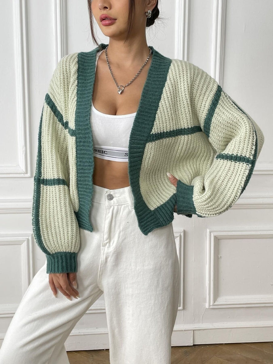 Color-Block Ribbed Knit Cropped Cardigan in hot pink with ribbed