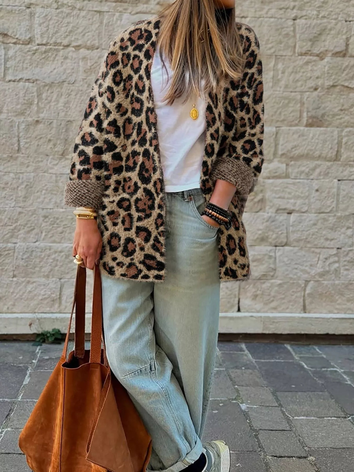 Leopard print open front cardigan with cuffed sleeves and pockets