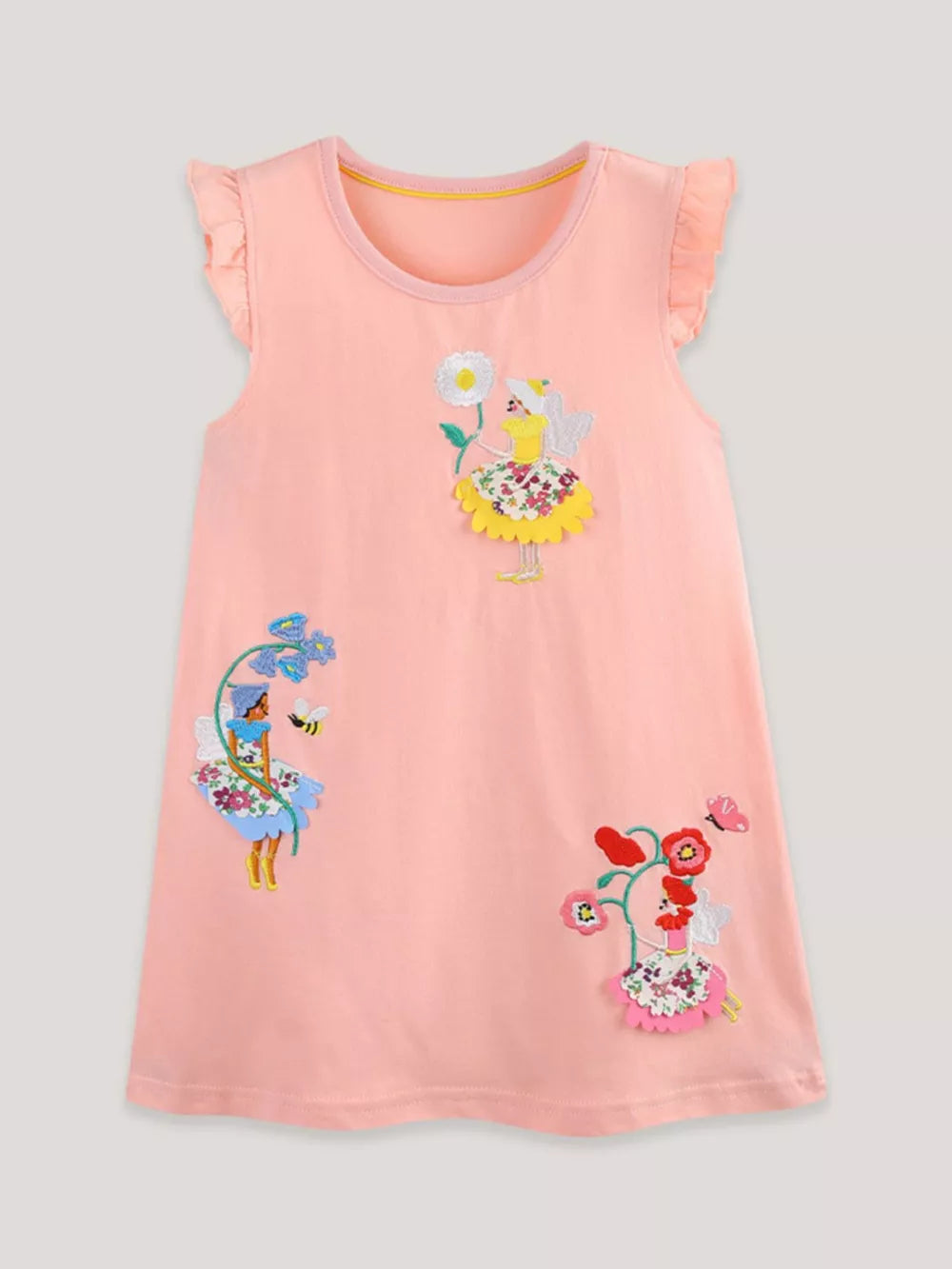 Pink cotton toddler dress with whimsical floral fairy and bee embroidery, flutter sleeves.