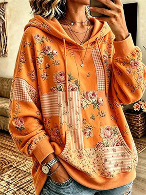 pullover hoodie in light pink with patchwork and drawstring