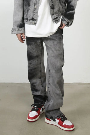 Charcoal wash straight leg denim jeans with a faded, distressed look.