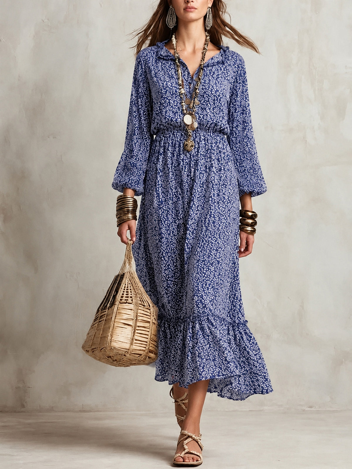 navy blue midi dress with ditsy floral and v-neck
