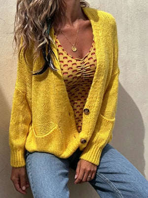 Full Size Chunky Knit Button-up Cardigan Plus Size in Yellow