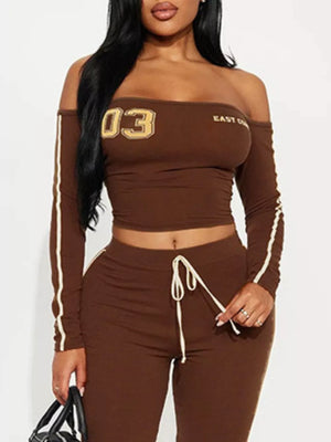 100% polyester Care instructions: Machine wash cold lounge set in brown with fitted silhouette