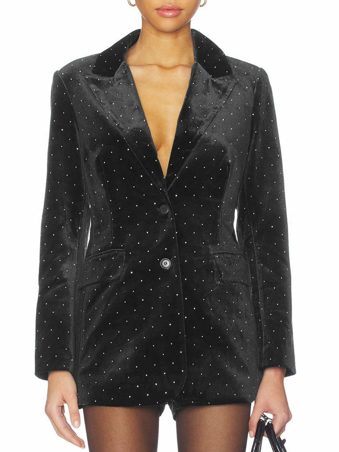 black blazer with polka-dot-print and notch lapel