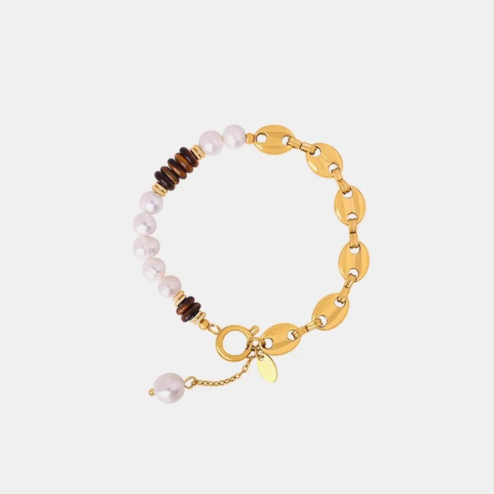 Gold link bracelet with pearls and tiger's eye beads