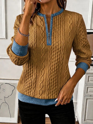 Mustard sweatshirt with cable-knit and long sleeve