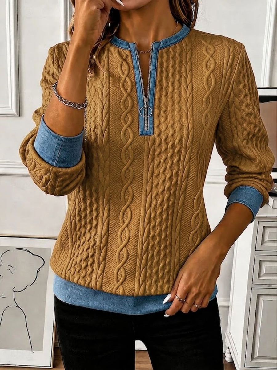 Mustard sweatshirt with cable-knit and long sleeve