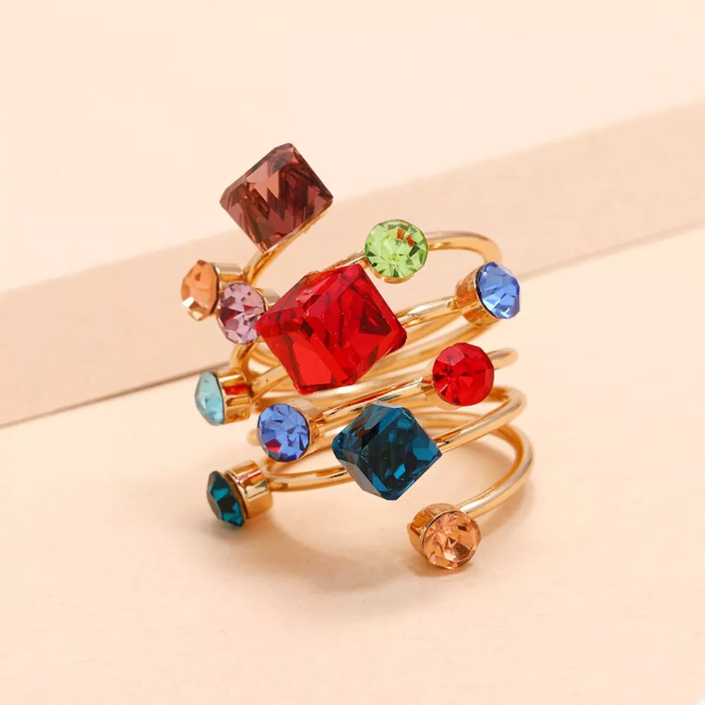 Gold-plated ring with colorful square and round crystals, multi-layered spiral design