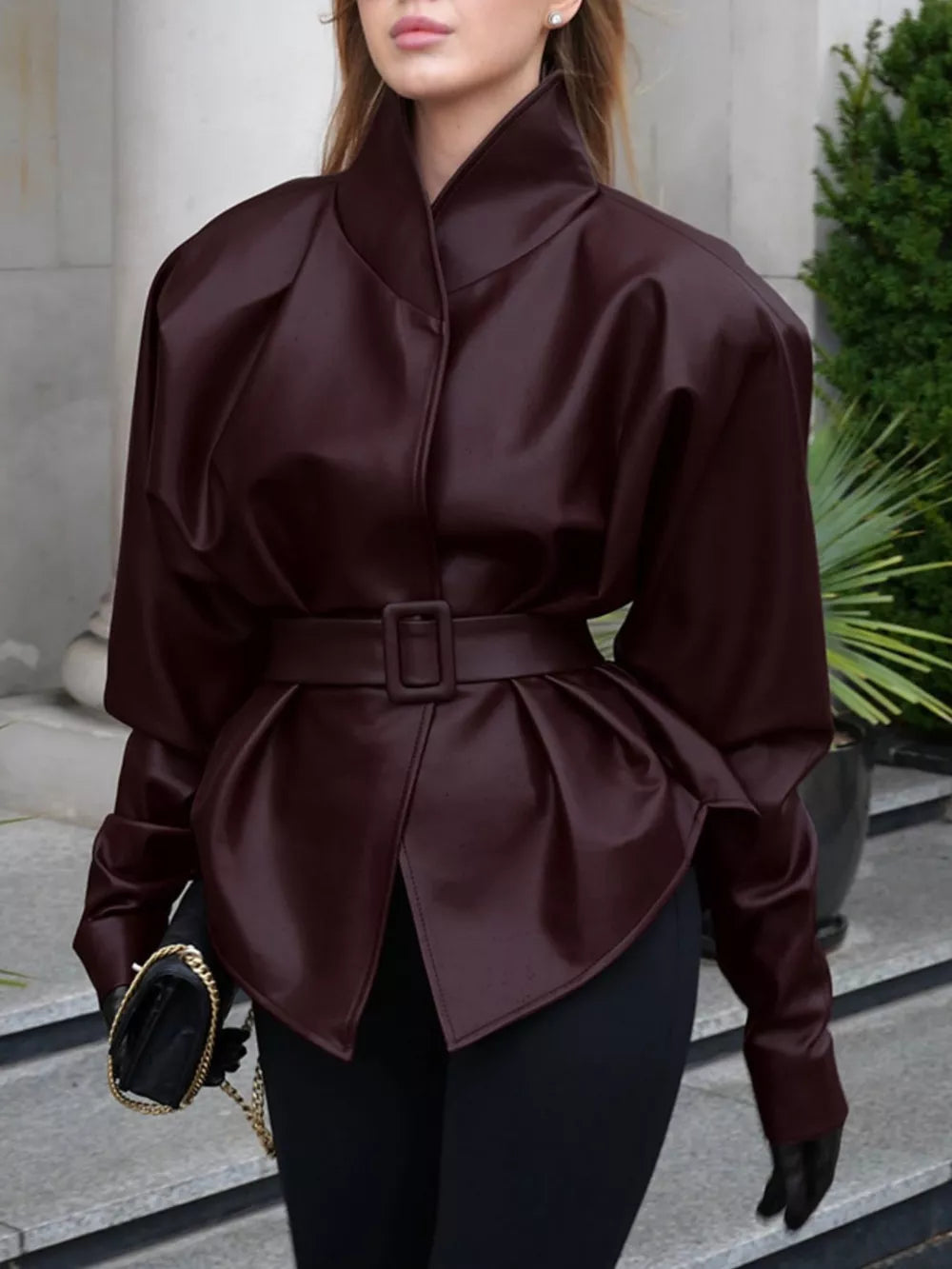 Wine Red Stand Collar Belted Faux Leather Jacket