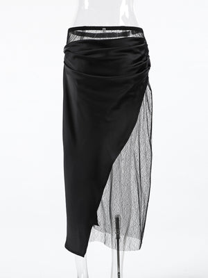 Black midi skirt with asymmetrical lace panel and ruched detail