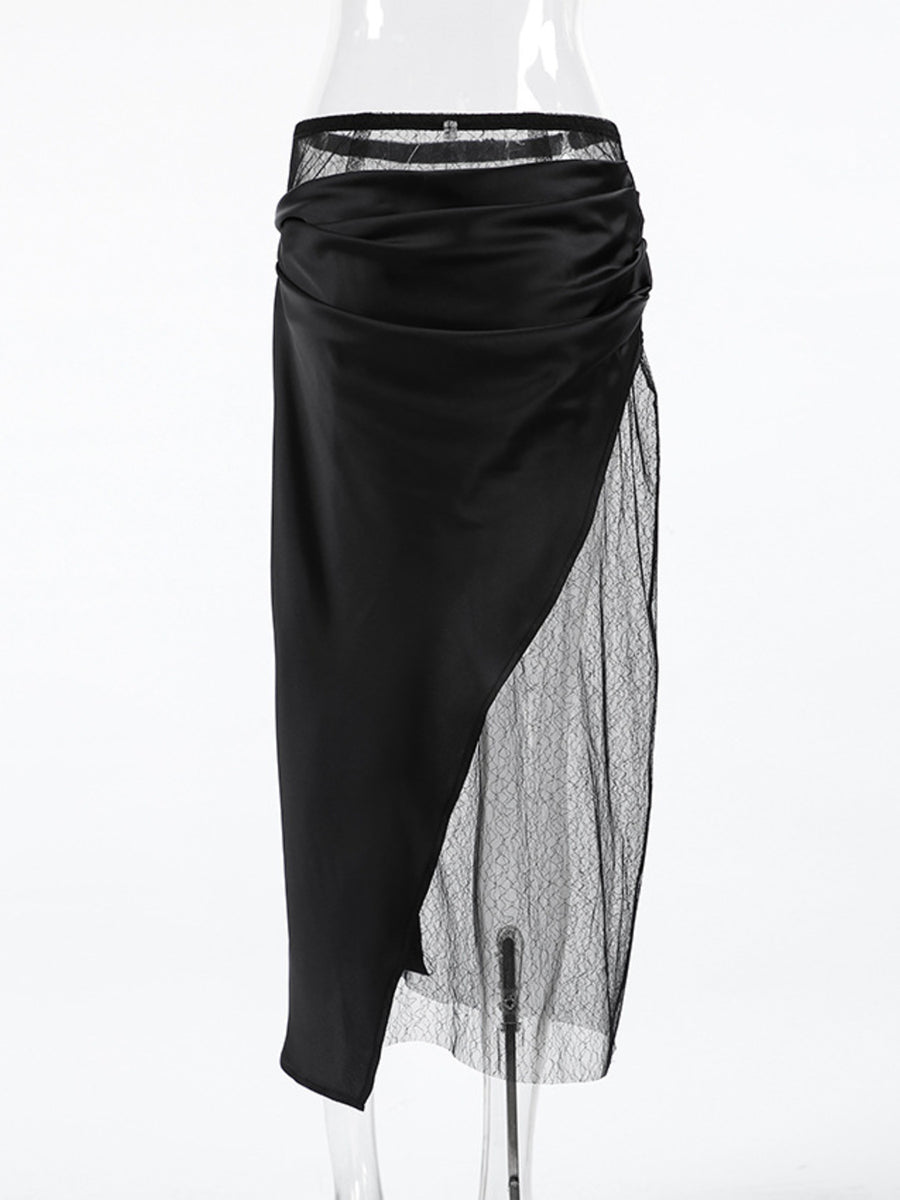 Black midi skirt with asymmetrical lace panel and ruched detail