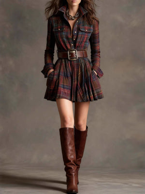 dark brown shirt dress with plaid and collared
