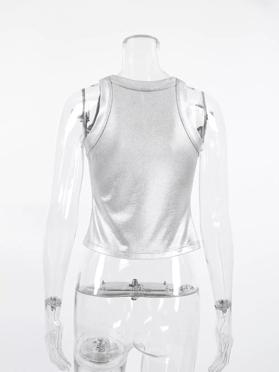 Silver fitted tank top with round neck