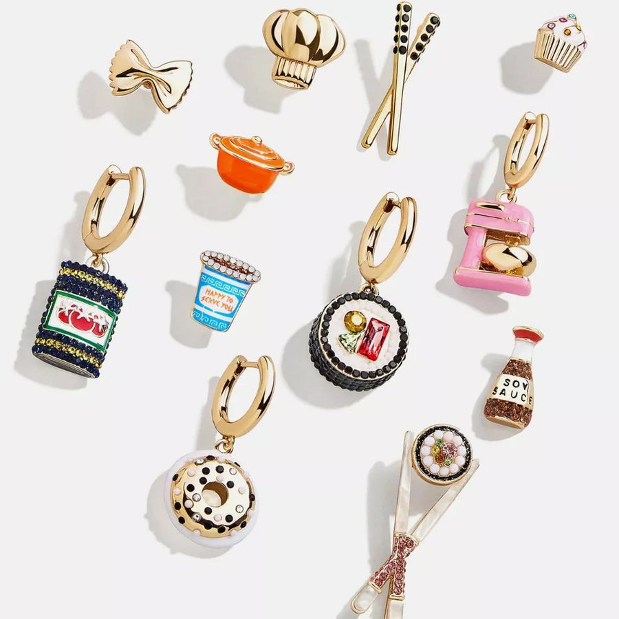 earring in gold featuring food-themed charms and dangle fit
