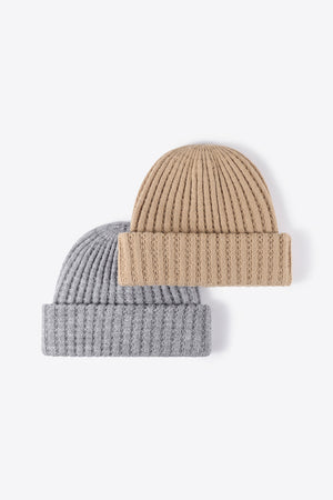 Textured ribbed knit beanies in beige and gray acrylic