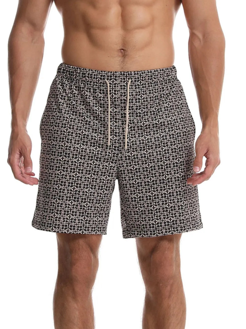 Geometric print boardshorts in black with a drawstring waist.