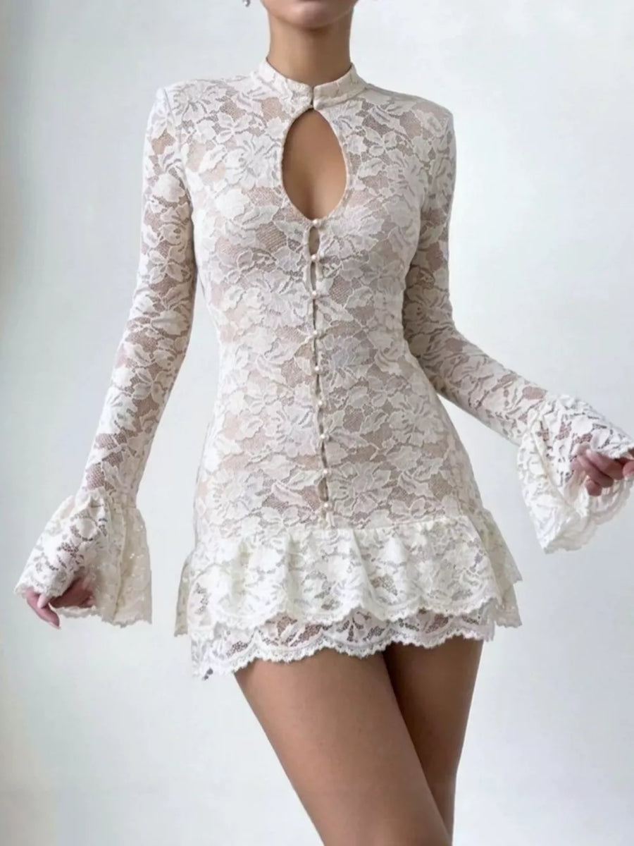 White mini dress featuring lace and floral-print