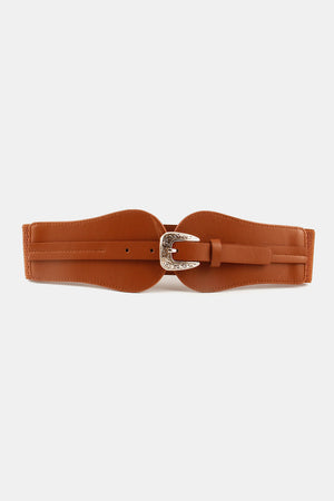 Caramel elastic belt with sculpted faux leather front and ornate silver buckle