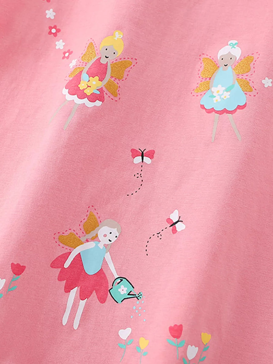 Pink cotton t-shirt with whimsical fairy print and butterflies.