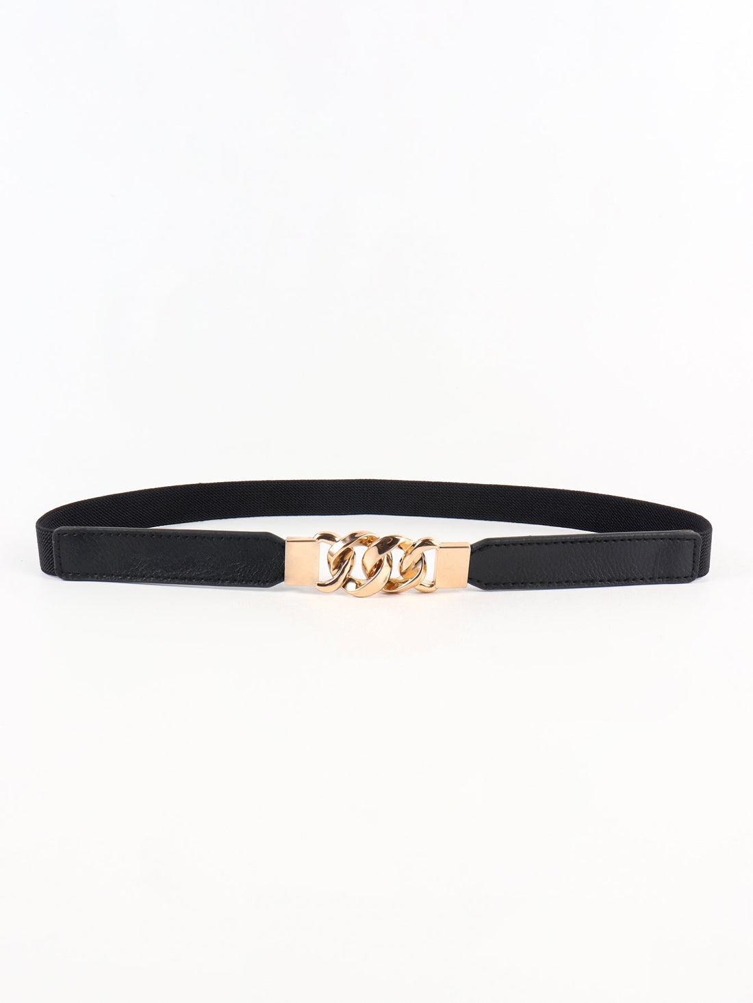 Black faux leather elastic belt with gold chain detail