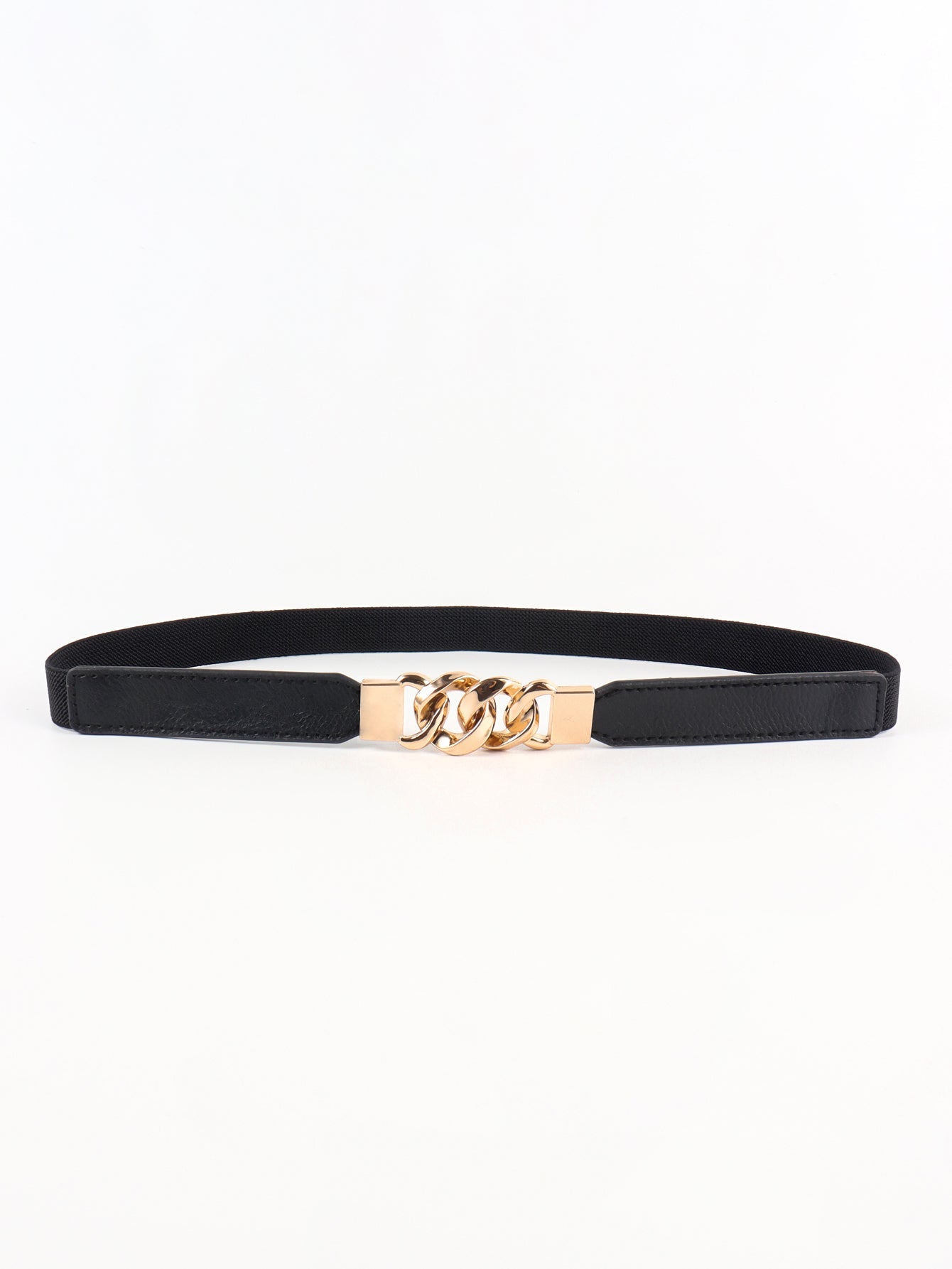Black faux leather elastic belt with gold chain detail