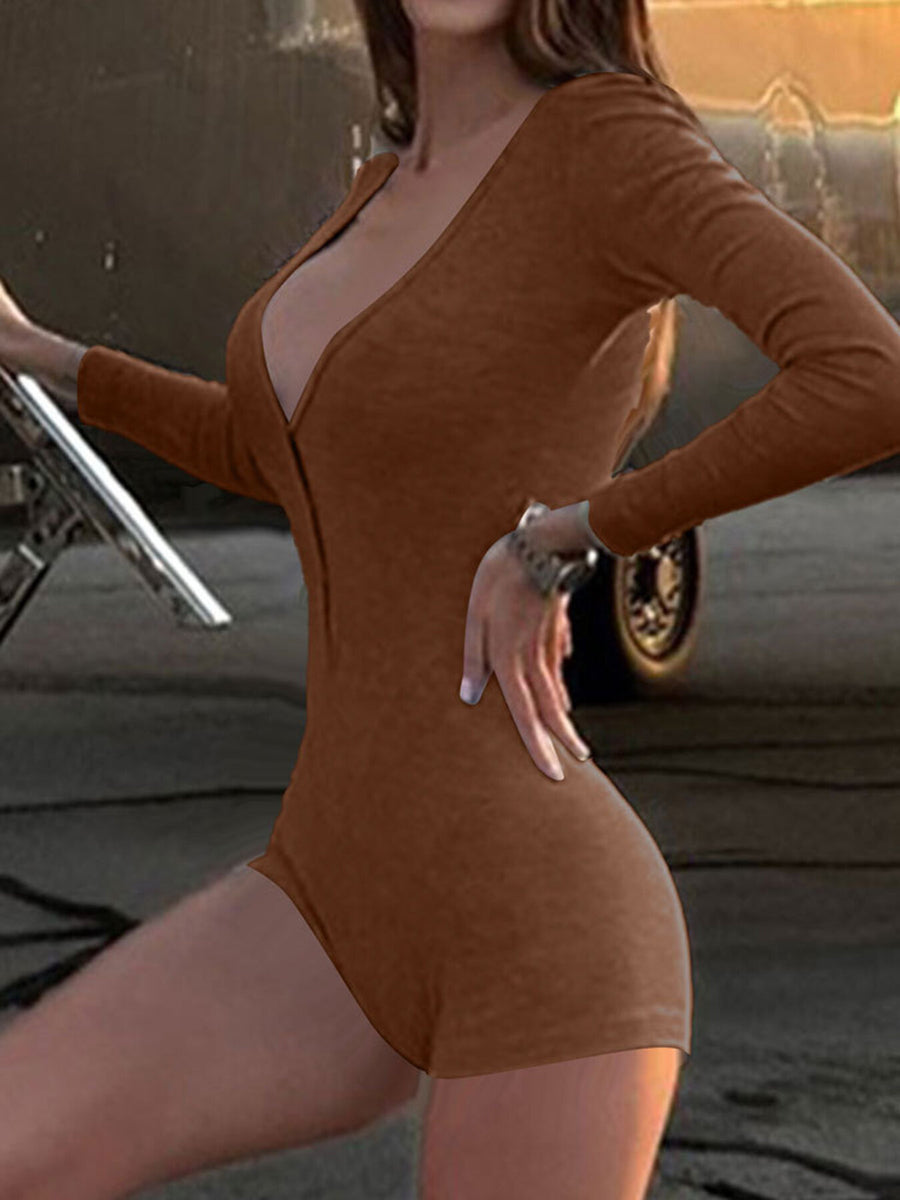 Brown ribbed long sleeve buttoned romper with a deep V-neck.