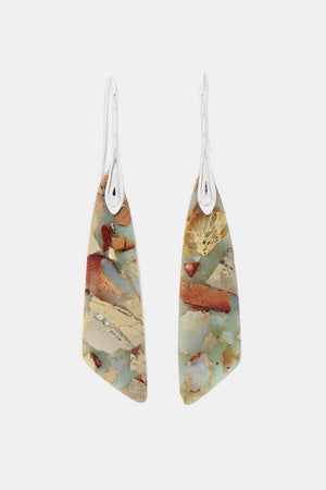 Mosaic stone drop earrings in silver with earthy tones and geometric pattern