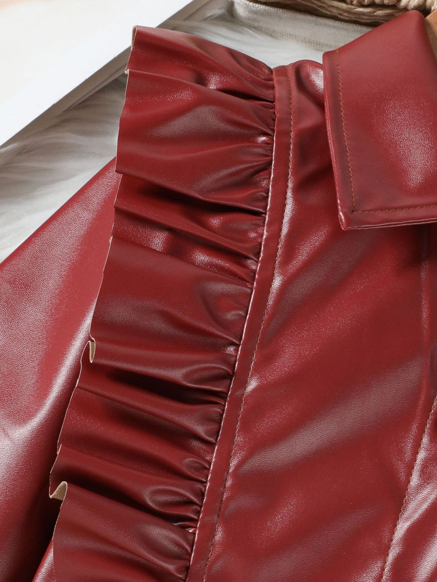 Wine red faux leather toddler set with ruffled detail and collar.