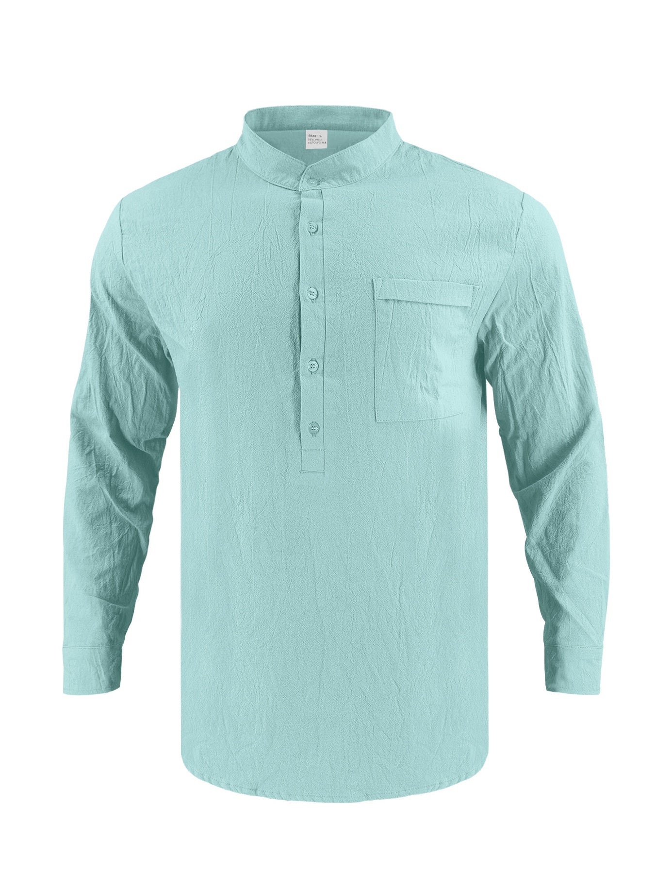 Men's long sleeve band collar shirt in light blue cotton with a chest pocket.