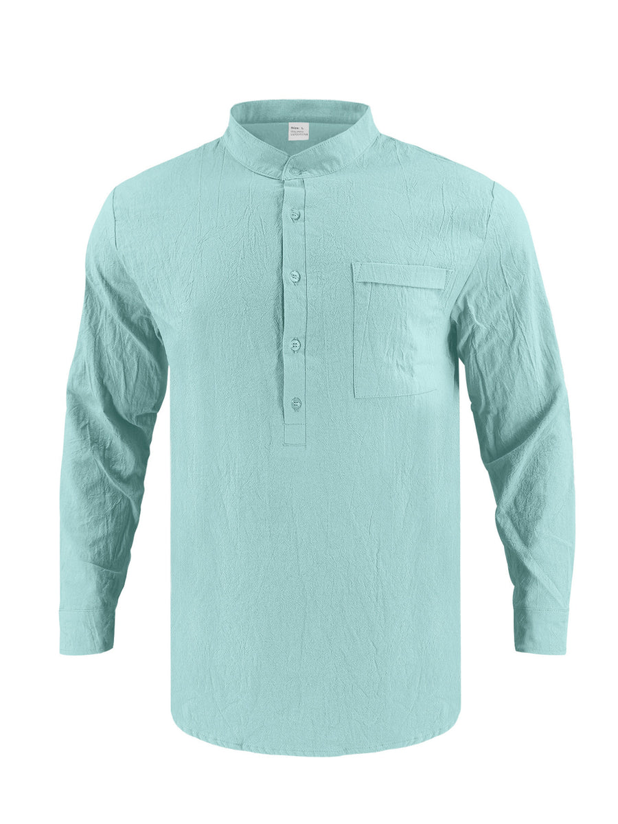 Men's long sleeve band collar shirt in light blue cotton with a chest pocket.