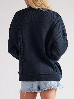 Dark Blue cardigan featuring distressed and cable knit