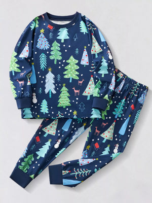Children's Christmas tree pajama set in French Blue with festive holiday print.
