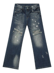 Distressed flare denim jeans in medium wash cotton with raw edge finish and ripped details.