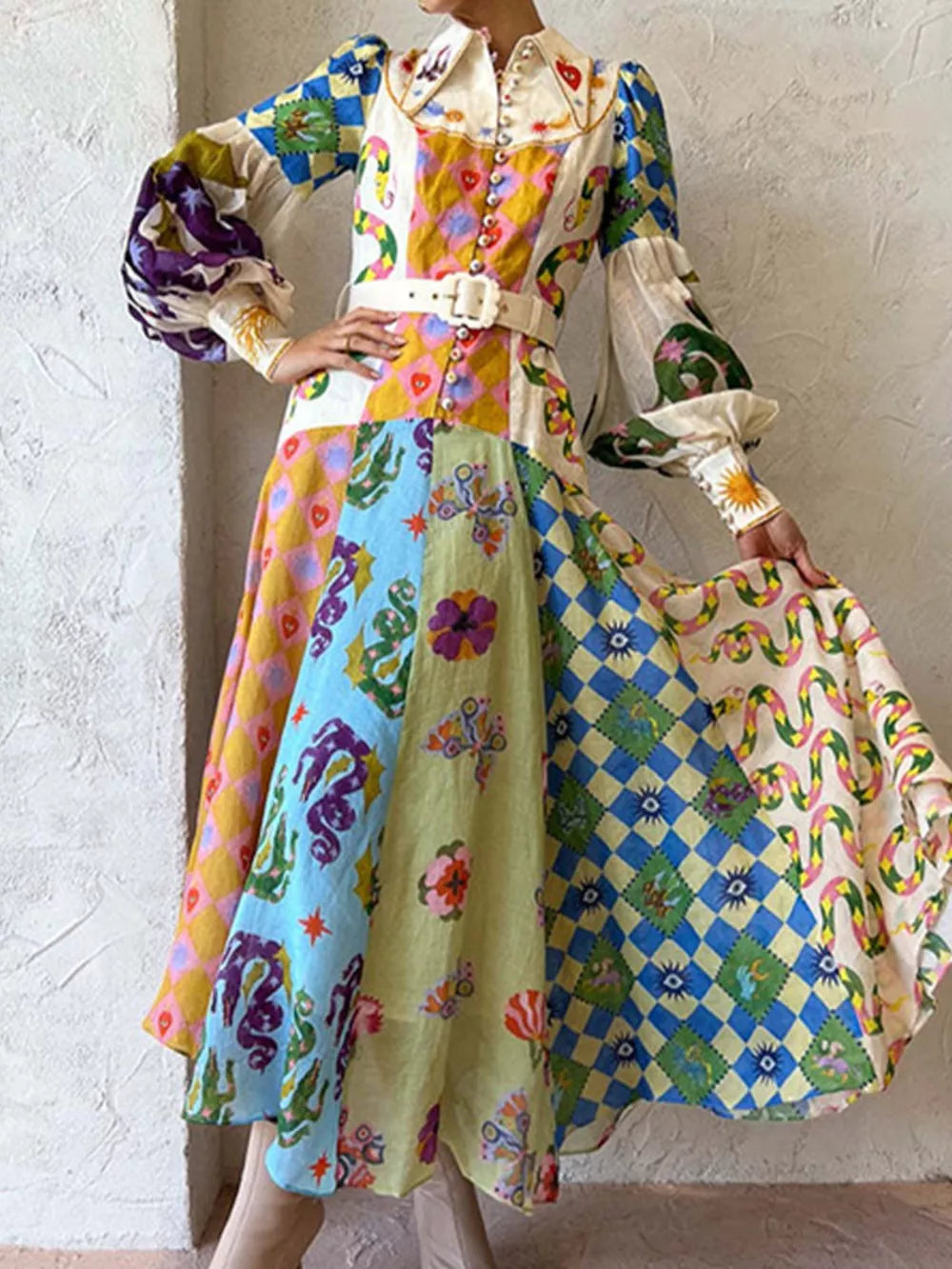 ivory maxi dress with patchwork and collared