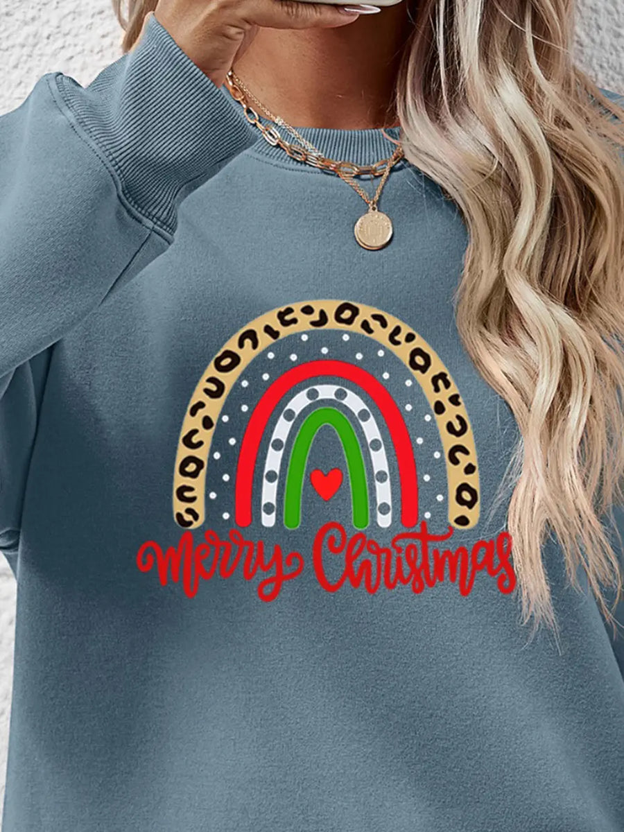 Air Force Blue sweatshirt with rainbow graphic and Merry Christmas text.