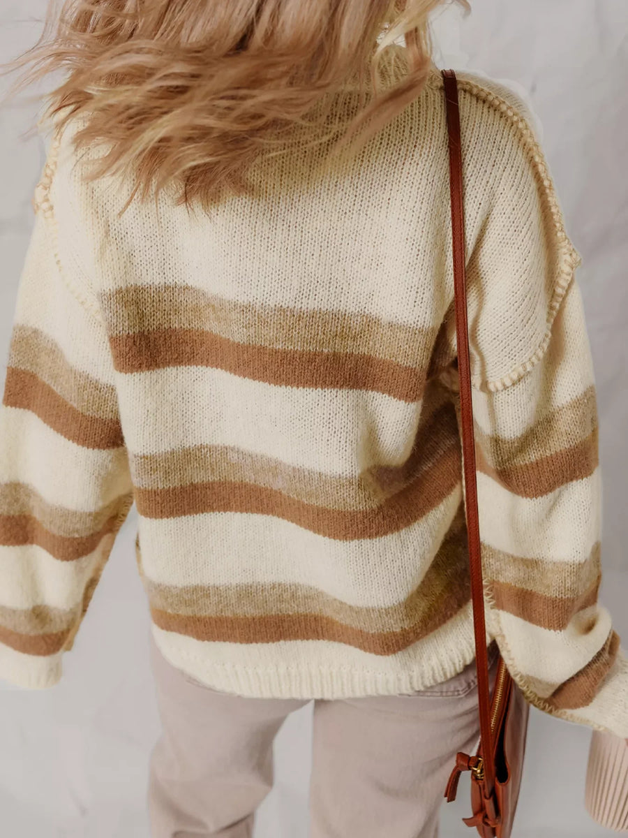 Drop shoulder sweater in cream with brown stripes, acrylic blend, baggy fit, casual style.