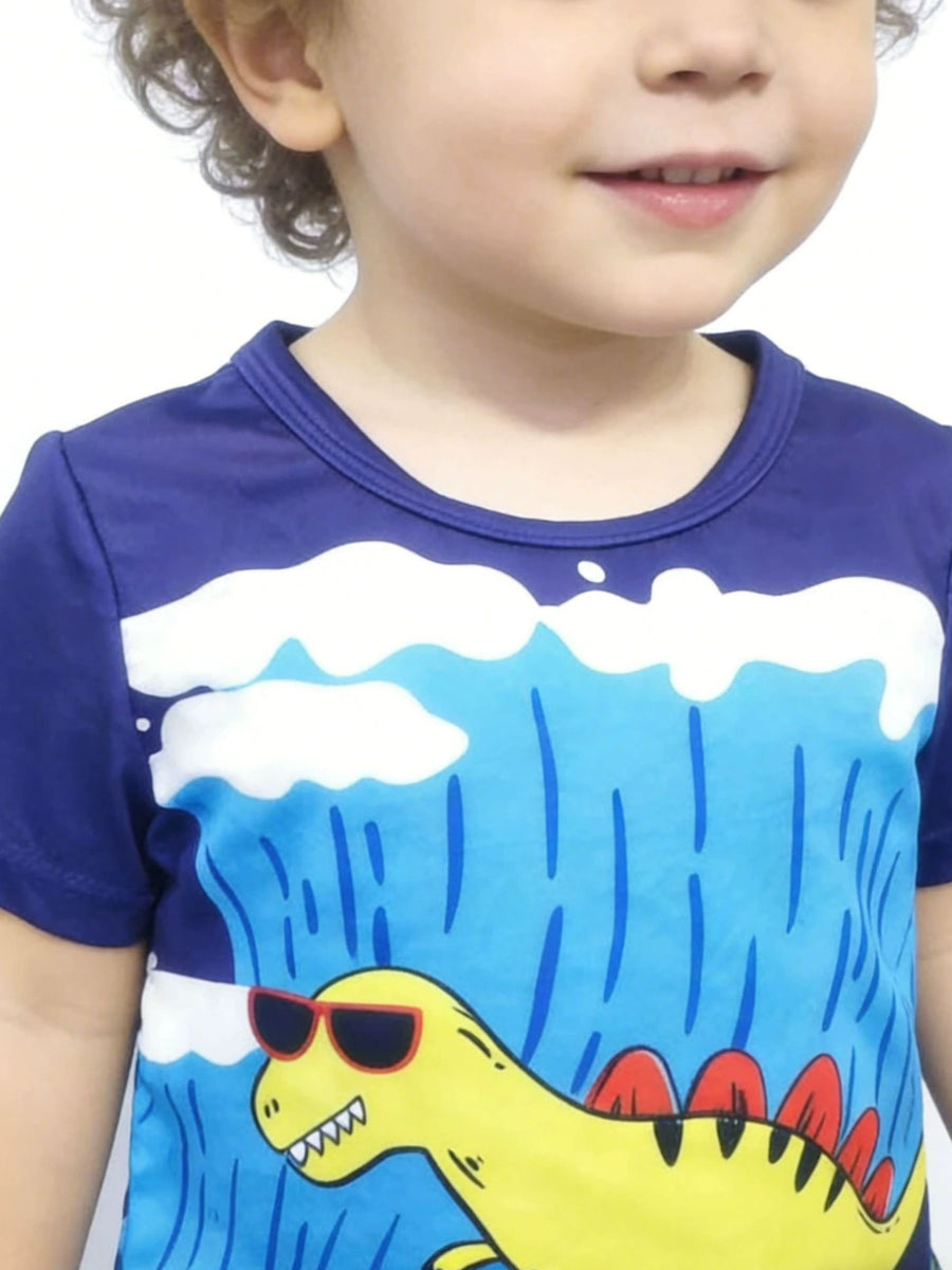 Blue crew neck t-shirt with a yellow dinosaur wearing sunglasses and a rainy sky print.