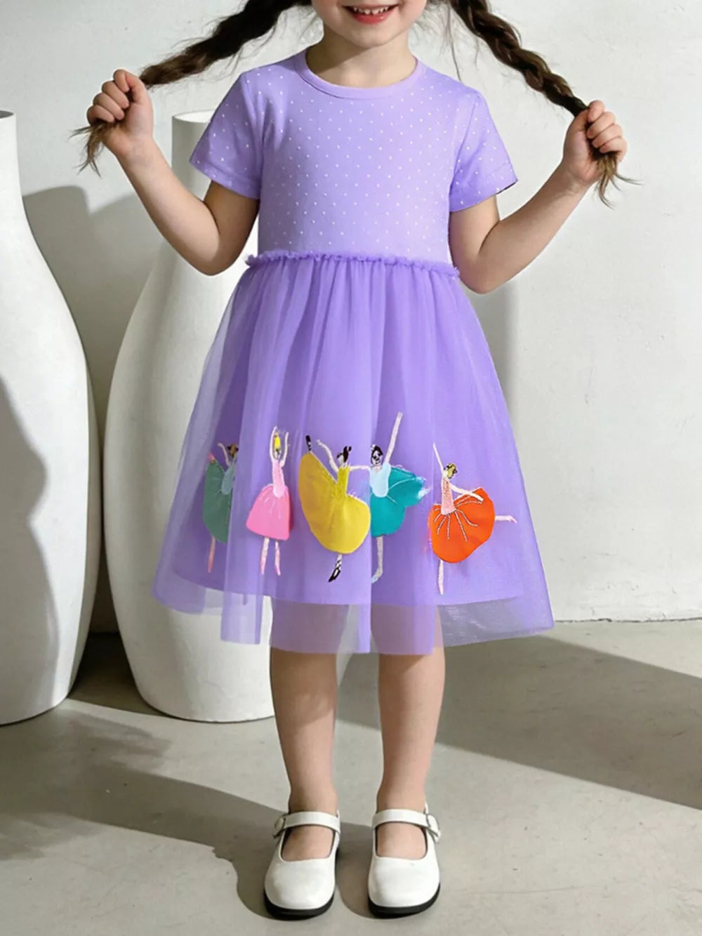 Lavender polka dot baby dress with ballet dancer embroidered tulle skirt