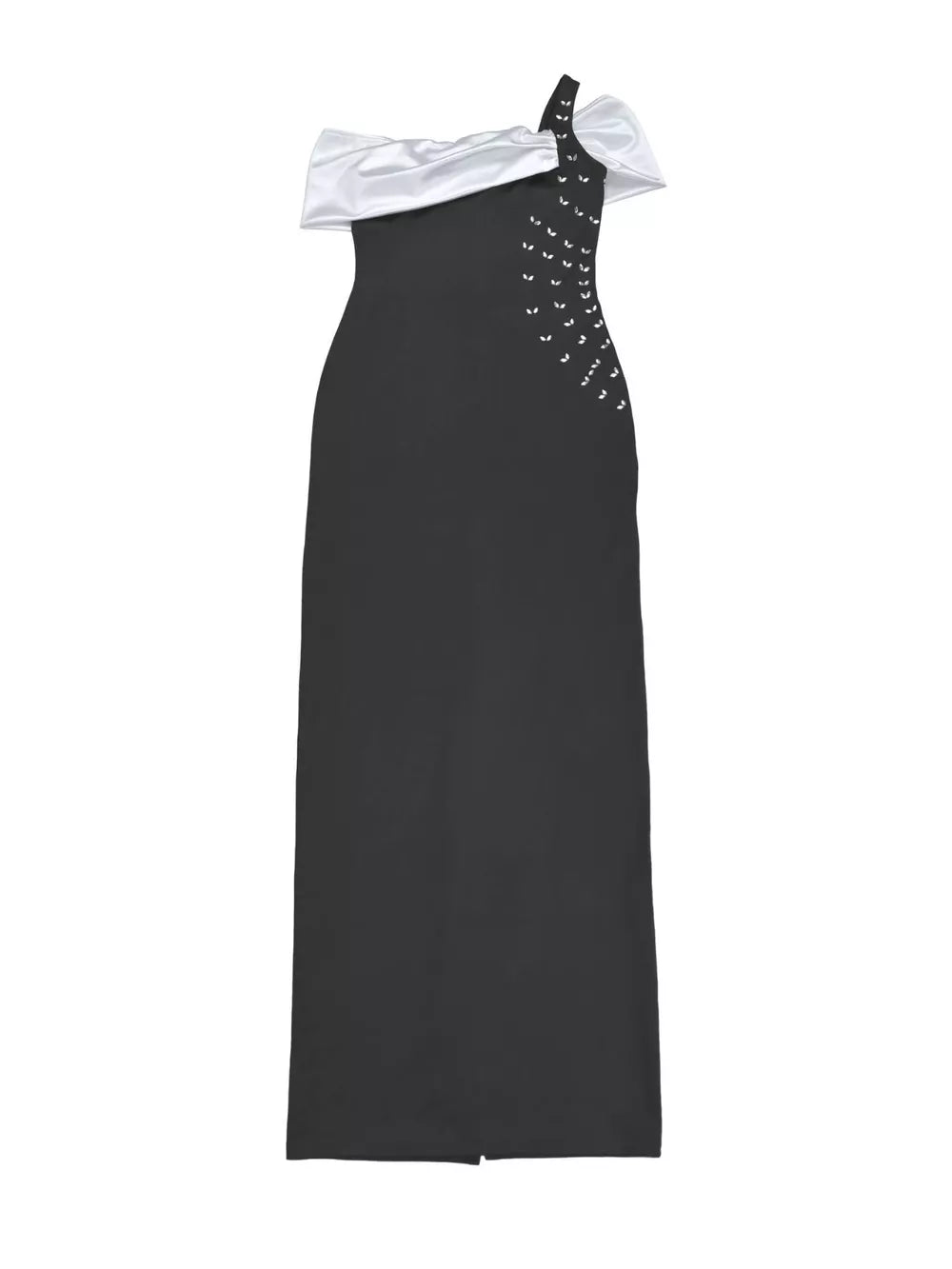 black maxi dress with asymmetrical and sleeveless