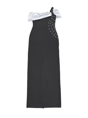 black maxi dress with asymmetrical and sleeveless