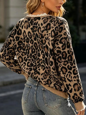 Leopard Print V-neck Lace Trim Sweater Plus Size in Camel