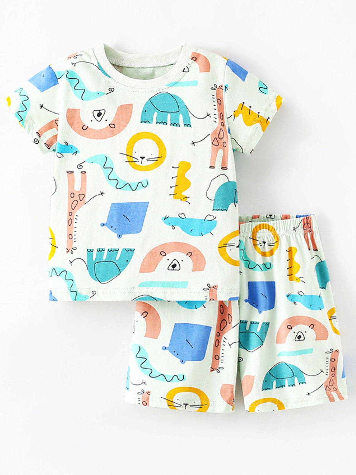 Baby cotton pajama set with colorful cartoon animal print.