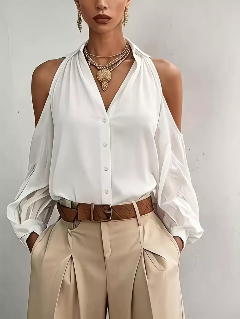 black button-down shirt with hip-length and button-front
