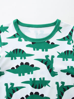 Baby dinosaur print tee with green trim, cotton blend, crew neck