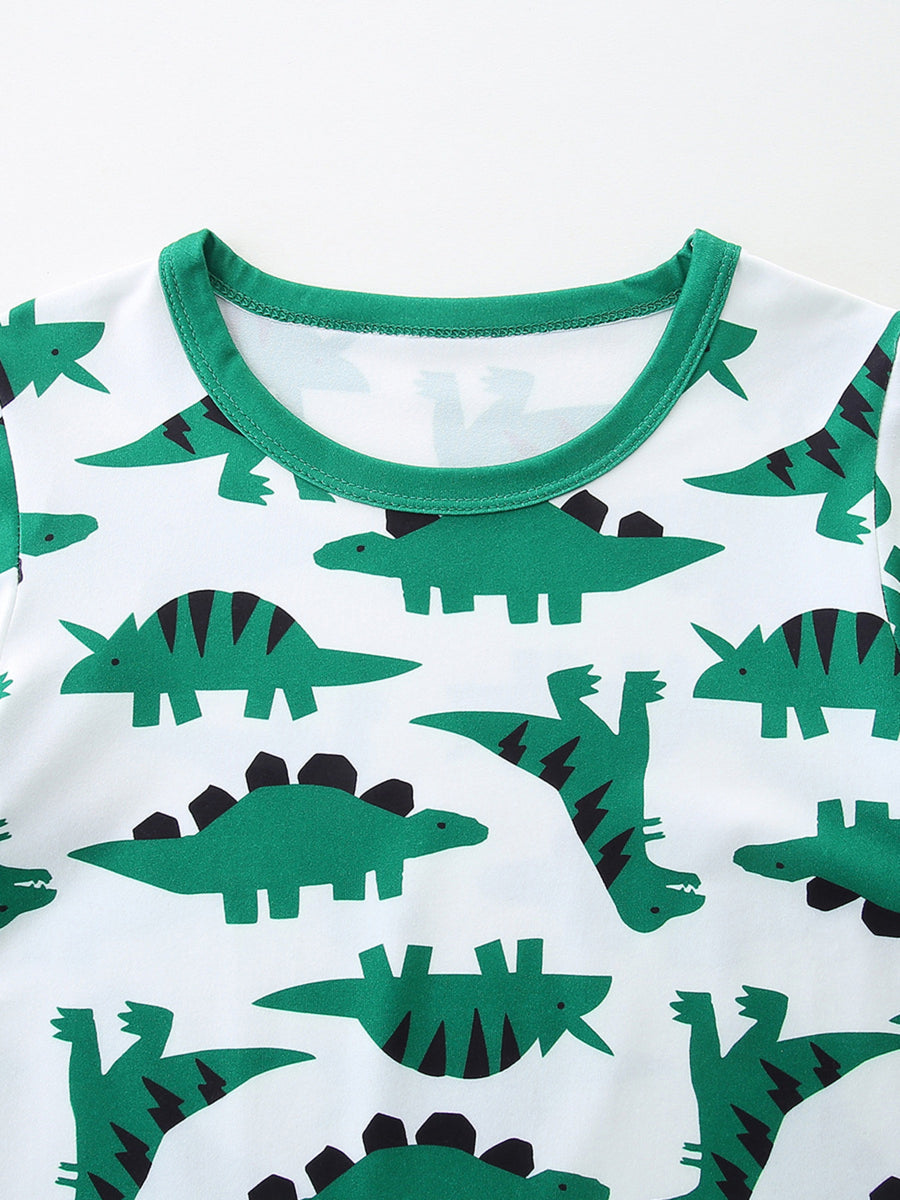 Baby dinosaur print tee with green trim, cotton blend, crew neck