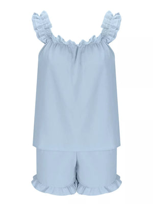 Light blue ruffled pajama set with cami top and shorts.